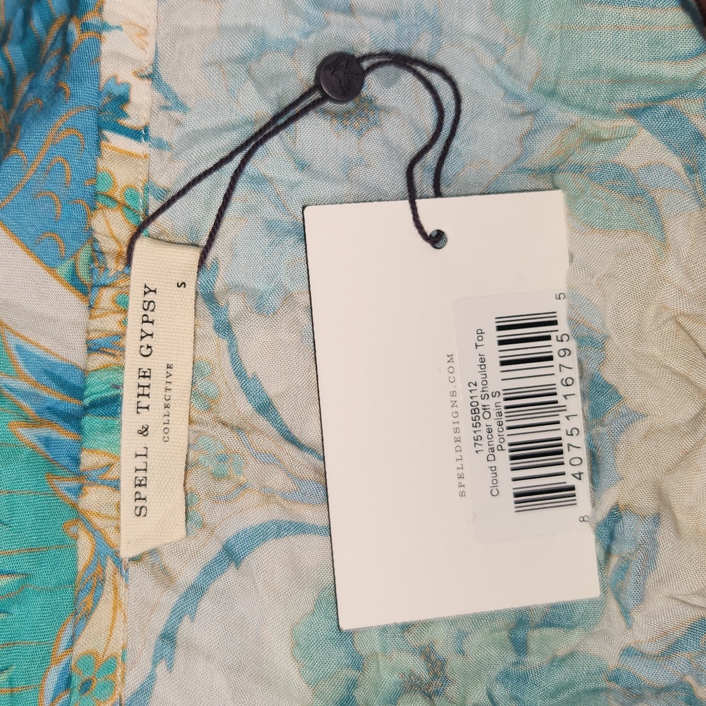 New spell designs cloud dancer off shoulder top S Small crop top peacock blue - Picture 6 of 8